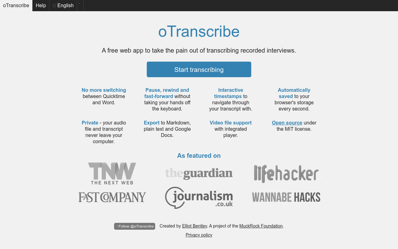 oTranscribe product screenshot